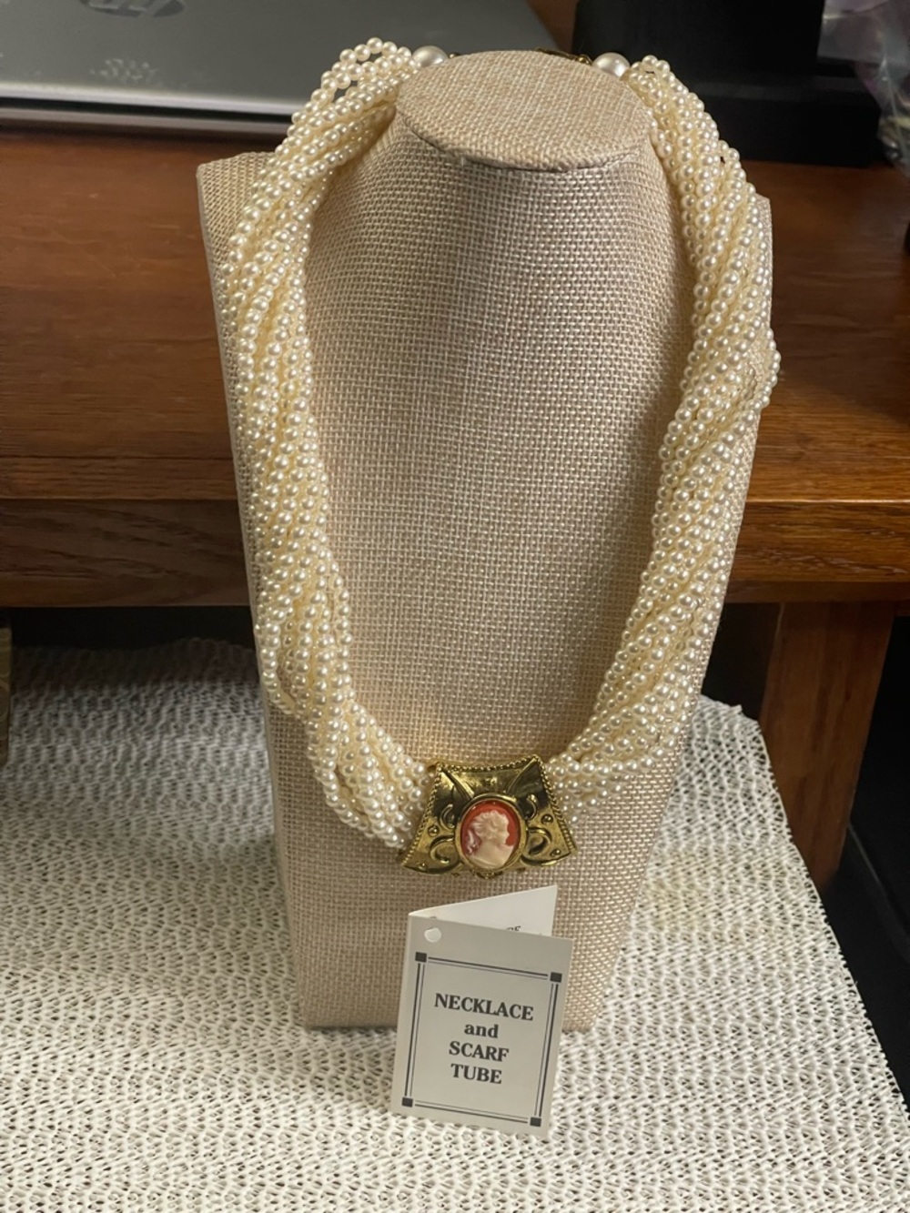 NWT Multi-Strand Pearl Cameo Necklace and scarf tube with Gold Accent 16”